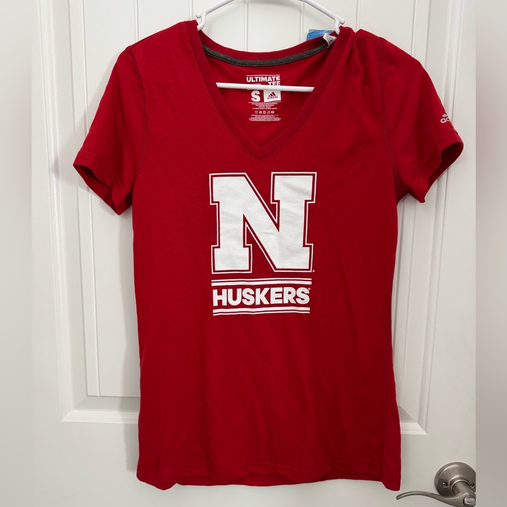 Adidas Red Huskers V-Neck T-Shirt women’s size small
